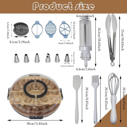 Acacia Wood Deviled Egg Platter with Lid, 24-Hole Egg Tray with Slicer, Piping Tips & Mini Tongs for Easter & Parties