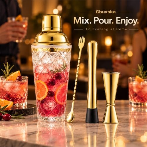 Cocktail Shaker Set with Jigger, Bar Spoon & Muddler
