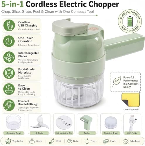 5-in-1 Handheld Wireless Electric Vegetable Chopper,Multi-Function Food Processor Multi-function for Chopping, Slicing, Grating and Whisking Garlic, Vegetables, Fruit, Eggs and Salad Prep (White) - Image 2