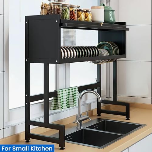Dish Drying Rack, 3-Tier Over The Sink Dish Drying Rack, 33.5" Over Sink Dish Rack for Small Kitchen, Space-Saving Dish Rack with Cover, Baskets, Utensil, Large Sink Storage Organizer Black