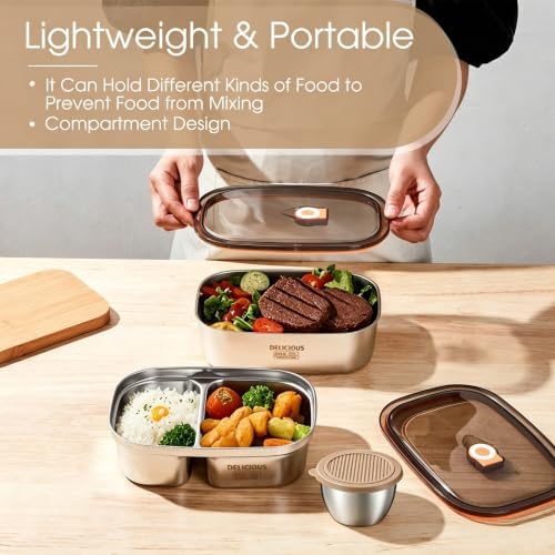 2 Pack Stainless Steel Bento Box with Dressing Cup, 42Oz+57Oz Leakproof Metal Lunch Box for Adult, Lightweight Salad Container for Lunch & Meal Prep, Suitable for Picnic, Work, Outside
