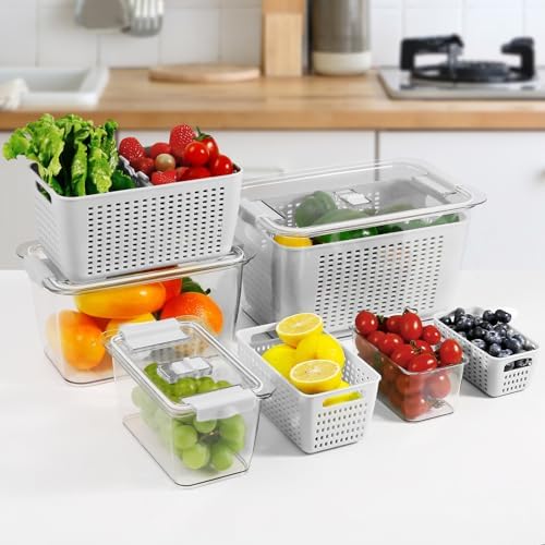 4 Pack Fruit Vegetable Containers for Fridge, Produce Saver Container with Lids &Removable Colander BPA-free Refrigerator Storage Organizer for Fruit Vegetable, Berry, Meat keep Fresh Longer