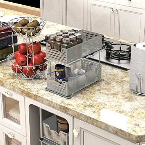 2 Tier Sliding Cabinet Basket Organizer Drawer, Silver