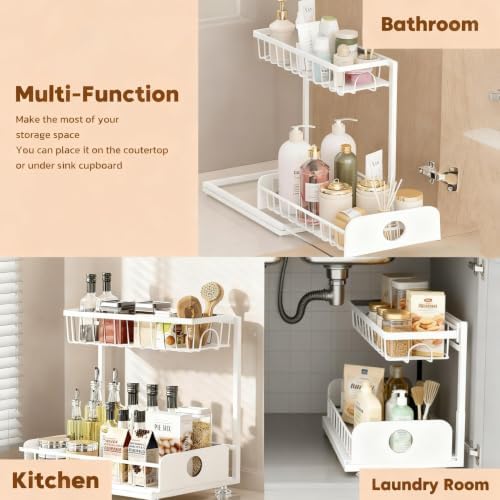 Under Sink Organizer, 2 Pack Under Kitchen Cabinet Organizer, Height Adjustable Pull Out Mute Slide-Out 2 Tier Metal Under Sink Storage for Bathroom, Pantry, Kitchen & Bedroom (White, 2 Pack)