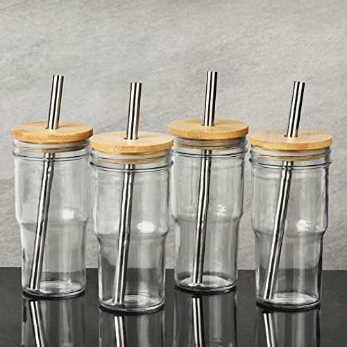 4-Pack Glass Cups with Bamboo Lids and Straws, 22oz Mason Jar Glass Tumbler, Reusable Boba Cups, Iced Coffee Drinking Glasses for Bubble Tea, Smoothies, Juice - 2 Cleaning Brush