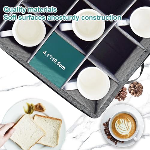Mug and Cup Storage Box with Dividers, Coffee Mug Storage Case China Storage Containers Hard Shell with Lid and Handles, Stackable for 12 Coffee Mugs, Tea Cups, Moving & Packing (Dark Grey)