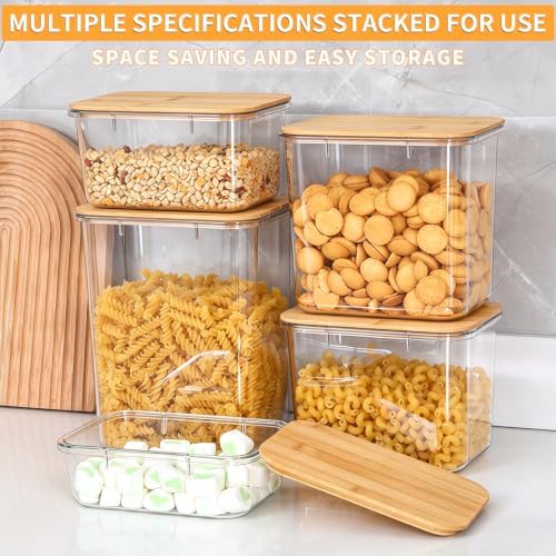 Five grain and miscellaneous grain food sealed jar, coffee bean storage jar, square transparent bamboo lid molded material storage jar, storage container (Set of 5)