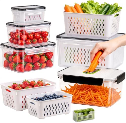 5 PCS Large Fruit storage Containers for Fridge with Colanders and Choppers