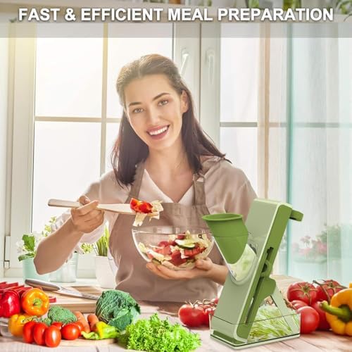 Eletronova Safe Mandoline Slicer for Kitchen, Vegetable Slicer with Container, French Fry Cutter, All in 1 Julienne Slicer for Potato, Thickness Adjustable, Detachable Blade (Green) - Image 2