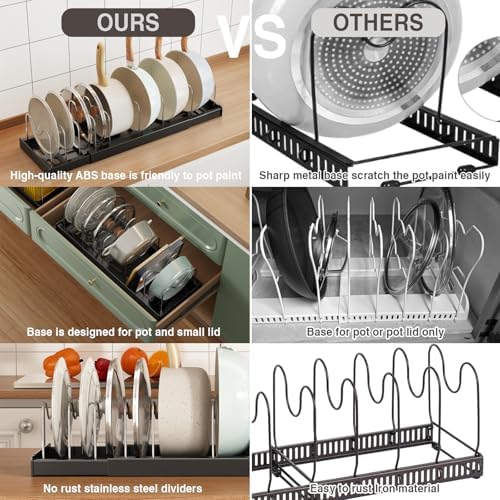 2 Pack Expandable Food Storage Container Lid Organizers, 22" Pots and Pans Organizer Under Cabinet with 9 Adjustable Dividers Pot and Pan Lid Holders Rack Inside Cabinet(Black)