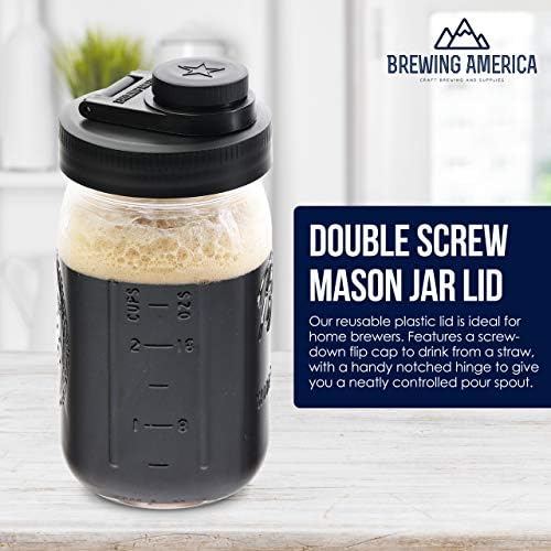 Glass Mason Jar Pitcher with Lid - Azure Standard Jars, 1 Quart (32 oz) with Black Wide Mouth Pour Lid, for Smoothie, Boba Cup, Sun Tea, Cold Coffee Glass Tumbler, 2-Pack