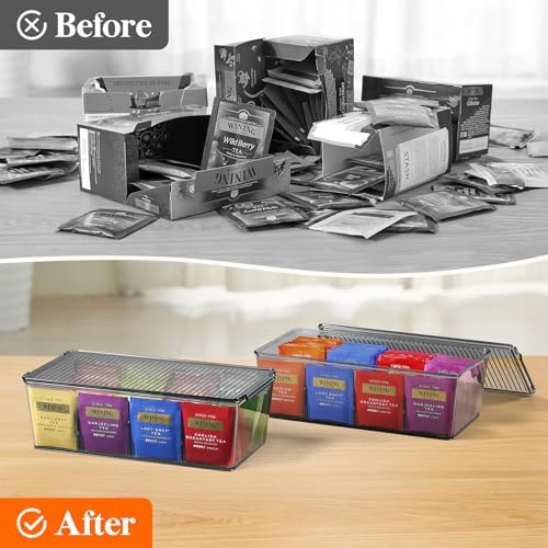 2 Pack 16 Compartment Tea Organizer, Stackable for Cabinet, Black