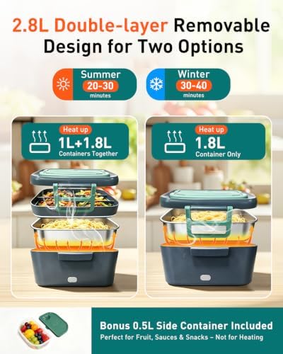 Electric Lunch Box for Adults 2.8L+0.5L, 100W Heated Lunch Box