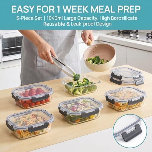 5 Pack Glass Food Storage Containers with Lids,35oz,BPA Free
