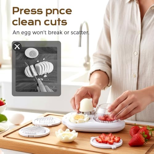Egg Slicer for Hard Boiled Eggs, 3-in-1 Egg Cutter with 3 Slice Modes, Stainless Steel Dicer for Strawberry Mushroom Grape Kiwi, Multipurpose Kitchen Chopper Tool (Gray)