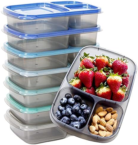 7 Sets Bento Lunch Box, Meal Prep Containers, Reusable 3 Compartment Plastic Divided Food Storage Container Boxes