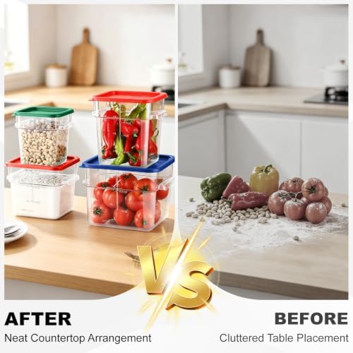 4Pack - 4QT Food Storage Containers with Lids & Handles, Polycarbonate Clear Airtight Food Container with Scale Marks for Bread Proofing, Flour, Commercial Grade, Restaurant & Kitchen, Square, Green