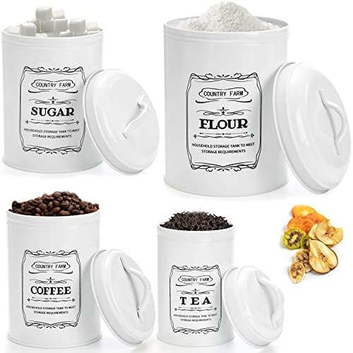 Set of 4 Kitchen Canisters with Airtight Lids, Coffee Tea Sugar Flour Tin Jars Nesting Food Storage Container Set for Farmhouse Decor, 4 Sizes