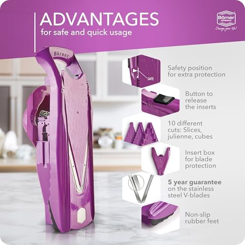 Mandoline Food Slicer Börner V5 (Starter Set) by Reston Lloyd • V-Slicer with Food Holder • Made in Germany • Fruit & Vegetable Chopper • Multiple Settings • Color: Purple - Image 4