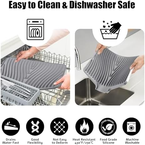 Silicone Dish Drying Mat for Kitchen Counter, Grey-1pcs, 16" x 12"