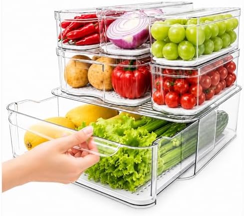 Clear Fridge Bins with Drain Trays - BPA-Free PET, Stackable(6 Pack)