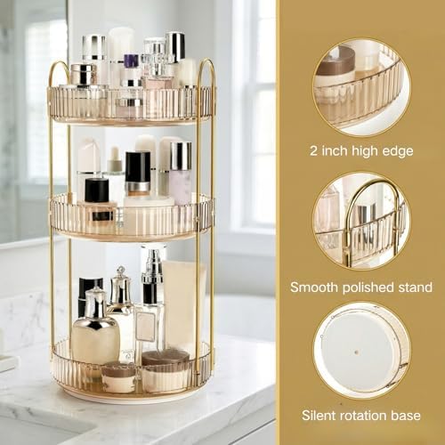 360 Rotating Makeup Organizer, 3 Tiers Plastic Bathroom Spinning Holder Rack, Round Lazy Susan Organizer, Large Capacity Countertop Shelf for Cosmetics, Perfume, Skincare, Spice, Toiletries
