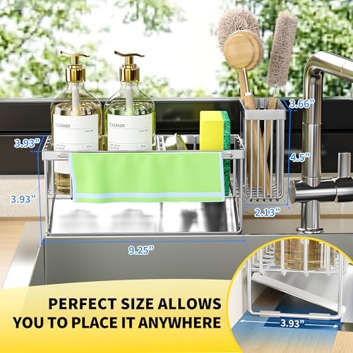 Kitchen Sink Caddy Organzier with High Brush Holder, Sponge Holder for Sink, 304 Rustproof Stainless, Kitchen Countertop Soap Dispenser Organizer (Silver With Towel Rack, 9.25″)