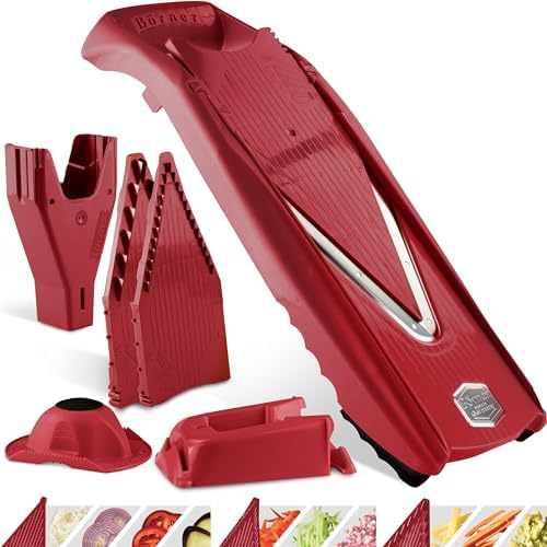 Mandoline Food Slicer V5 (Profi Set) by Reston Lloyd • V-Slicer with 4 Inserts, Docking Station & Food Holder • Made in Germany • Fruit & Vegetable Chopper • Multiple Settings • Color: Red