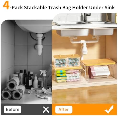 4 Pack Trash Bag Holder with Bamboo Lid, Stackable Garbage Bag Dispenser Under Sink, Storage Organizer for Kitchen, Laundry, Pantry (S+S+M+L)