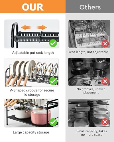 Pots and Pans Organizer Under Cabinet, 2-Tier Expandable Pot Rack