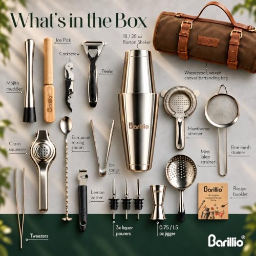 Bartender Kit Bag with Cocktail Shaker Set - Waxed Canvas, Traveling Bar Tools Bag with 17-Pc Cocktail Kit - Travel Mixology Bartending Kits - Mobile Bar Roll with Strap & Accessories