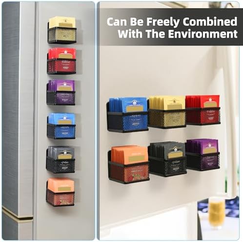 Magnetic Tea Bag Organizer, 6-Piece Metal Tea Organizers and Storage for Refrigerator, Counter, Idea Tea Gift for Tea Lovers (Black)