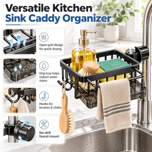 Sink Organizer Rack Hanging Faucet, Hanging Faucet Drain Rack，Black：Right