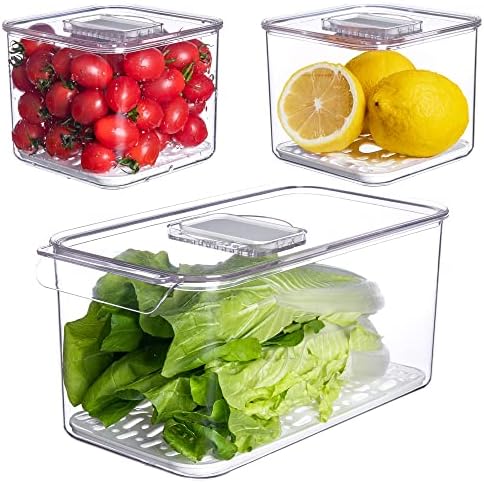 Fresh Produce Saver for Refrigerator, 3 Pcs Food Fruit Lettuce Keeper Containers, Salad Vegetable Storage Organizers Stackable, BPA-free Stay Fridge Storage Containers