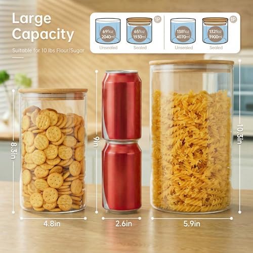 Large Glass Storage Containers with Bamboo Lids for Flour & Sugar, 2 Pack