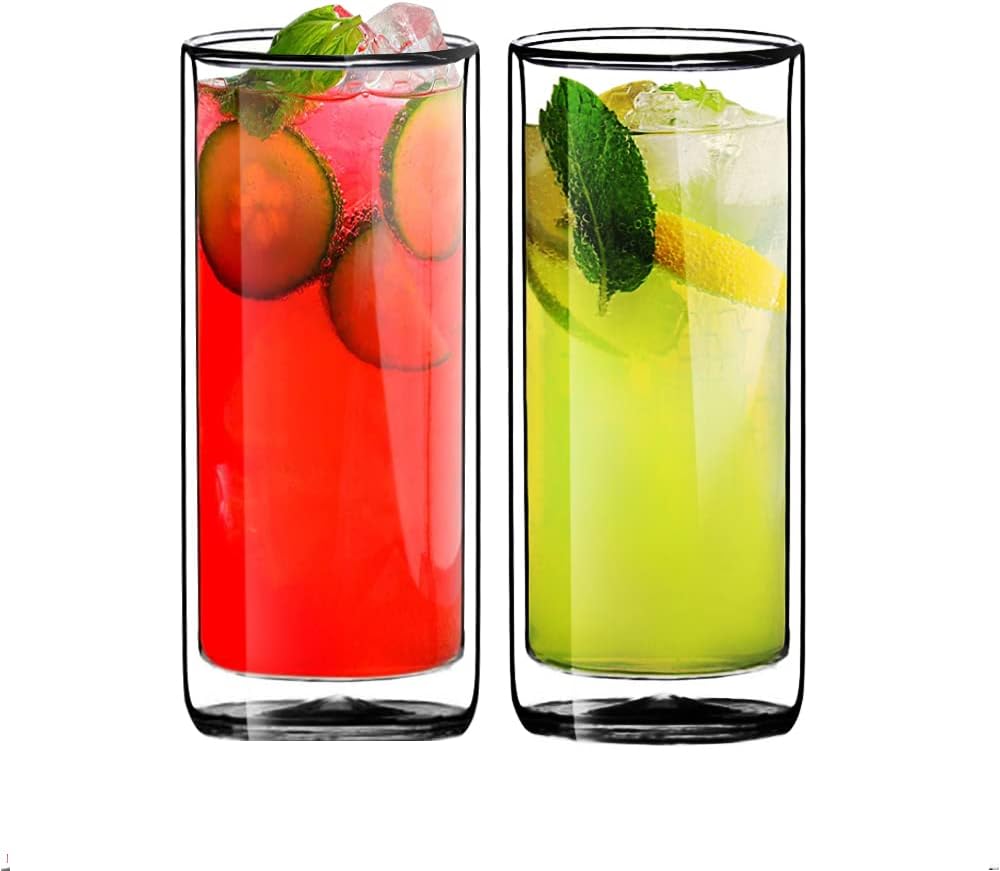 Double Wall Insulated Glass Tumbler, 16oz (450ml) Highball Glass Cups for Beer, Lemonade, Iced Tea, Tropical Drink, Cocktail, Smoothie, Mojito and Mixed Drinks, Set of 2 - Collins Style