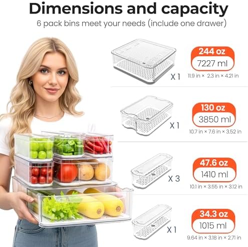 Clear Fridge Bins with Drain Trays - BPA-Free PET, Stackable(6 Pack)