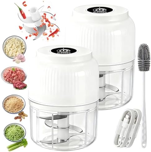 Electric Garlic Chopper, 320ML Mini Portable Veggie Chopper with 6 Sharp Blades, Rechargeable Electric Food Chopper Tool, Wireless Veggie Grinder, for Onions Ginger Chili Nuts Meat (White*2) by DDRIC