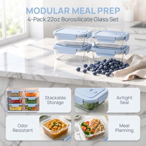 Glass Meal Prep Containers with Lids, 4 Pack 22oz, Borosilicate Glass Food Storage Containers, Leakproof Locking Lids, Microwave, Oven & Freezer Safe