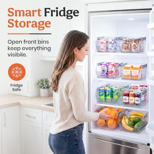 Set of 4 Stackable Storage Bins, 2 Large + 2 Small Clear Plastic Organizer Bins, Open Front Design for Kitchen Pantry, Fridge, Cabinet, Bathroom Organization and Snack Storage