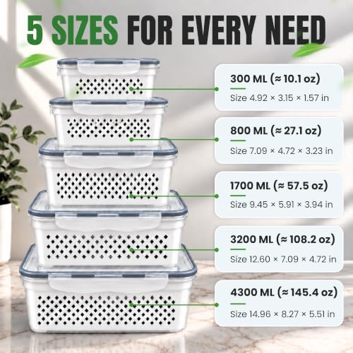 5 Pack Large Fruit Storage Containers for Fridge, Produce Storage Container