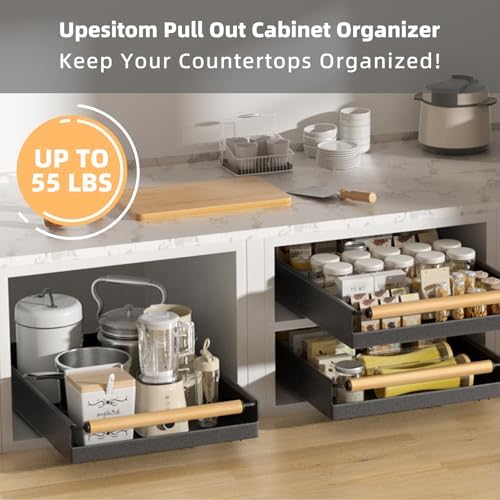 Pull Out Cabinet Organizer, 15.3'' Deep Expandable Slide Out Cabinet Organizer Fixed with Adhesive Nano Film, No Drill Slide Out Drawers Pull Out Tray for Cabinet in Kitchen, Pantry, Bathroom, Black