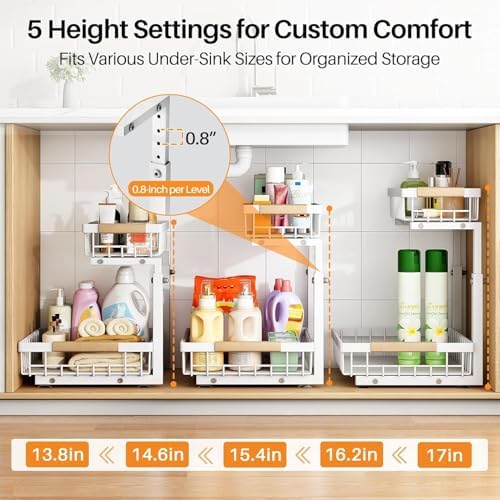 Under Sink Organizer, Adjustable Height, 2 Tier Pull Out Under Cabinet Organizer, Slide Out Thickened Metal Under Sink Storage for Kitchen Bathroom Laundry Pantry Cabinet, White, Large-1-Pack