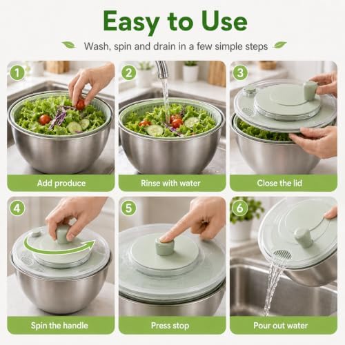 Stainless Steel Salad Spinner, 4.25Qt Lettuce Spinner with 5 Blade Slicer