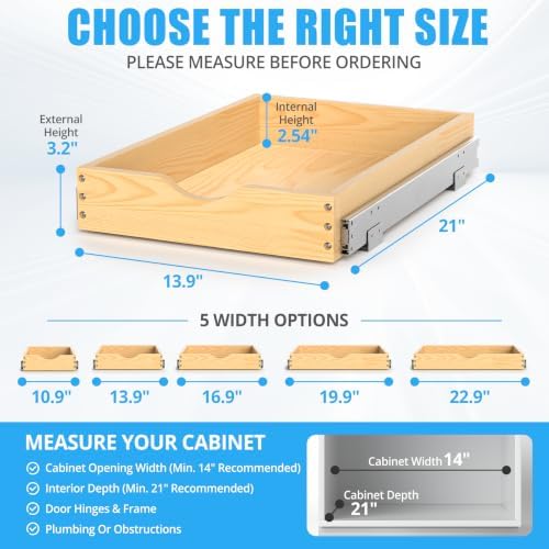21" Deep Wood Pull Out Cabinet Organizer, Pull Out Drawers