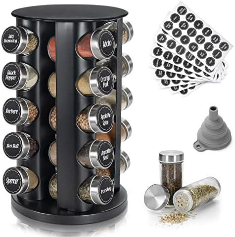 Black Countertop Revolving Spice Rack, Empty 20-Jars Rotating Spice Rack Organizer, Round Carousel Tower, 135 Spice Labels with Funnel Complete Set, for Kitchen Countertop, Cabinet