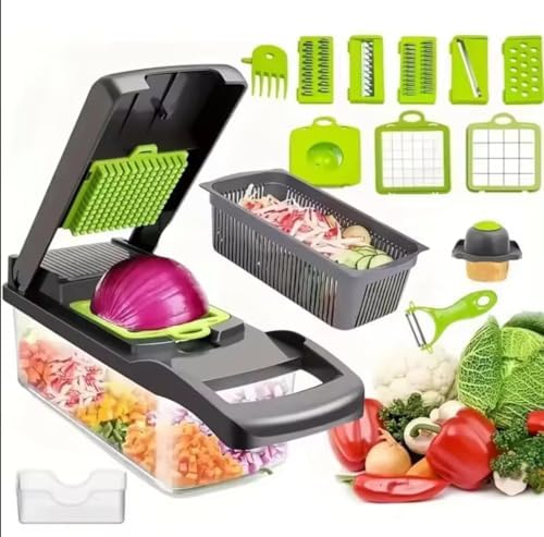 Veggie slicer 16 pieces (Gray, 1) 16 pieces hand operated vegetable slicer, veggie chopper, food chopper, onion cutter. - Image 4
