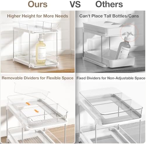 2-Tier Multi-Purpose Bathroom Under Sink Organizers and Storage, Stackable Kitchen Pantry Organization, Pull Out Medicine Cabinet Organizer with Movable Dividers, White, 1 Pack