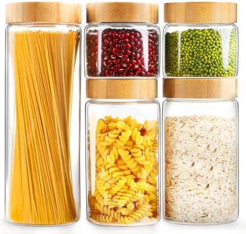 Airtight Glass Jar with Lid, Glass Storage Containers with Screw On Bamboo Lids, for Cookie, Pasta, Cereal Storage Containers, 5Pcs 80oz 50oz 27oz Canisters Sets for the Kitchen