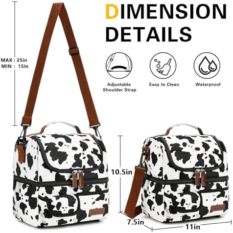 Lunch Box for Women-Double Deck Insulated Adults Lunch Bag with Removable Shoulder Strap-Cow Print Cute Wide Open Lunch Tote for Work/Office/Picnic/Beach/Travel